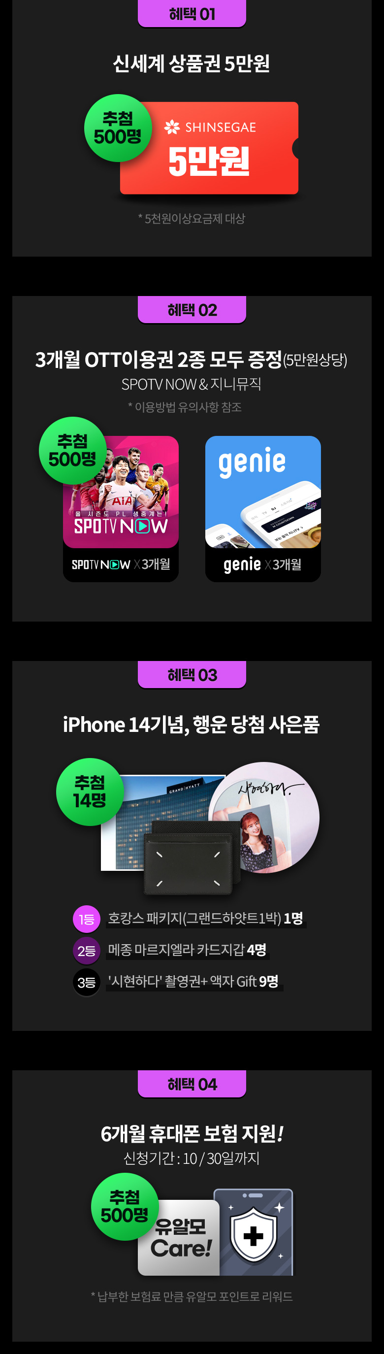 혜택01: 5천원 이상 요금제 대상 신세계 상품권 5만원 혜택02: 3개월 OTT이용권 2종(SPOTV NOW, 지니뮤직) 증정 혜택03: 행운 당첨 사은품(호캉스 패키지, 메종 마르지엘라 카드지갑, 시연하다 촬영권) 혜택04: 6개월 휴대폰 보험 지원