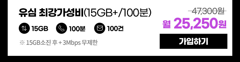 유심 최강가성비(15GB+/100분) 월 25,250원 가입하기
