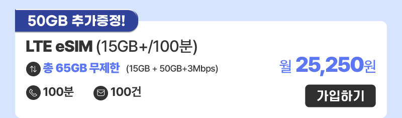 LTE eSIM(15GB+/100분) 월25,250원