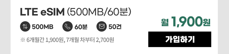 LTE eSIM(500MB/60분) 월1,900원