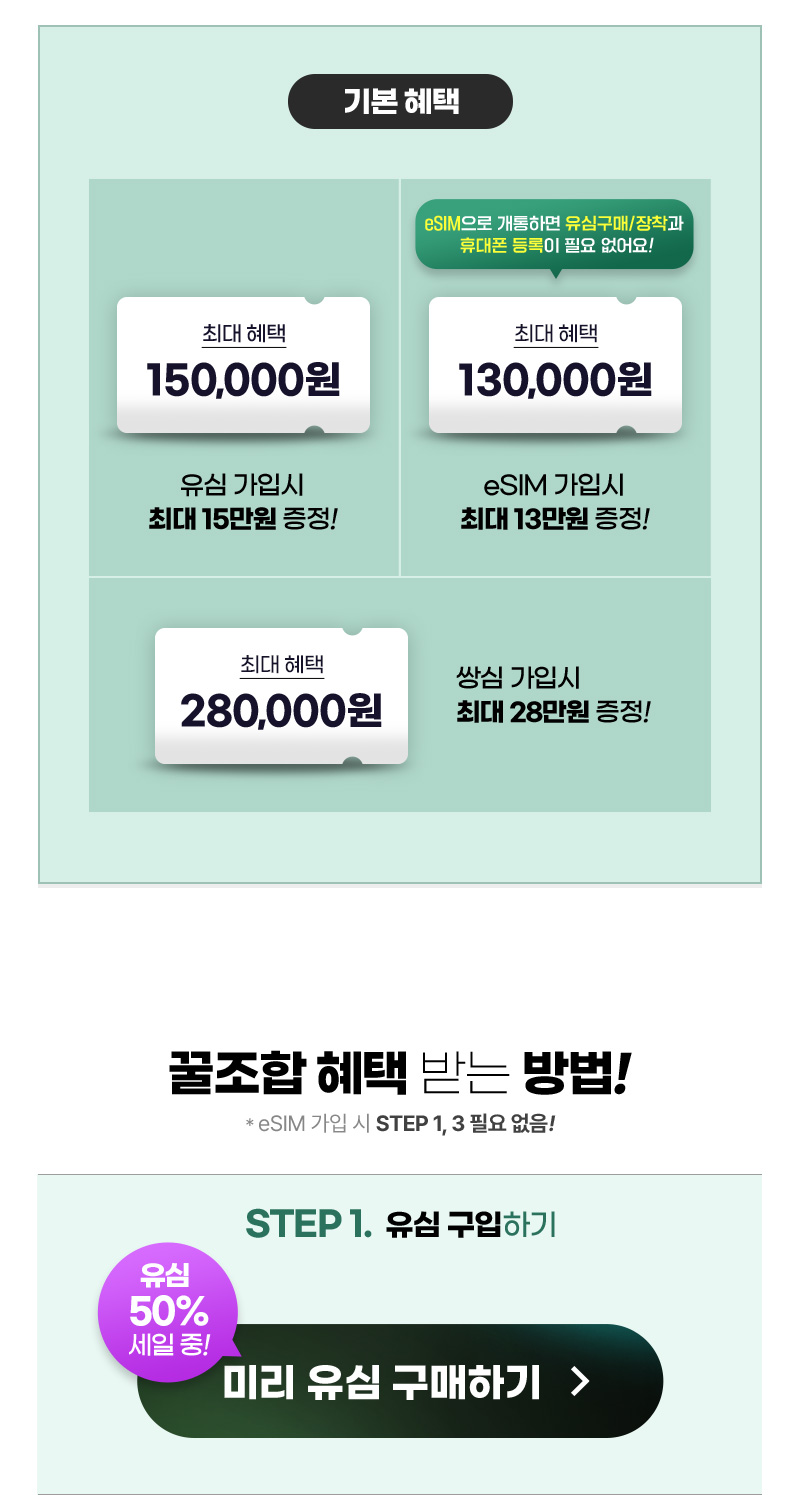 기본 혜택 - 유심 가입시 최대 15만원 증정, eSIM 가입시 최대 13만원 증정, 쌍심 가입시 최대 28만원 증정