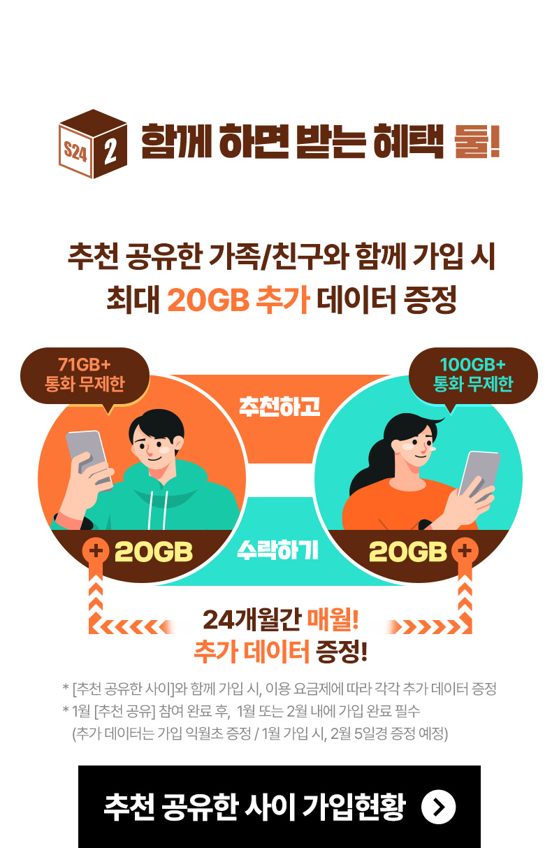 함께 하면 받는 혜택 둘! 추천 공유한 가족/친구와 함께 가입 시 최대 20GB 추가 데이터 증정