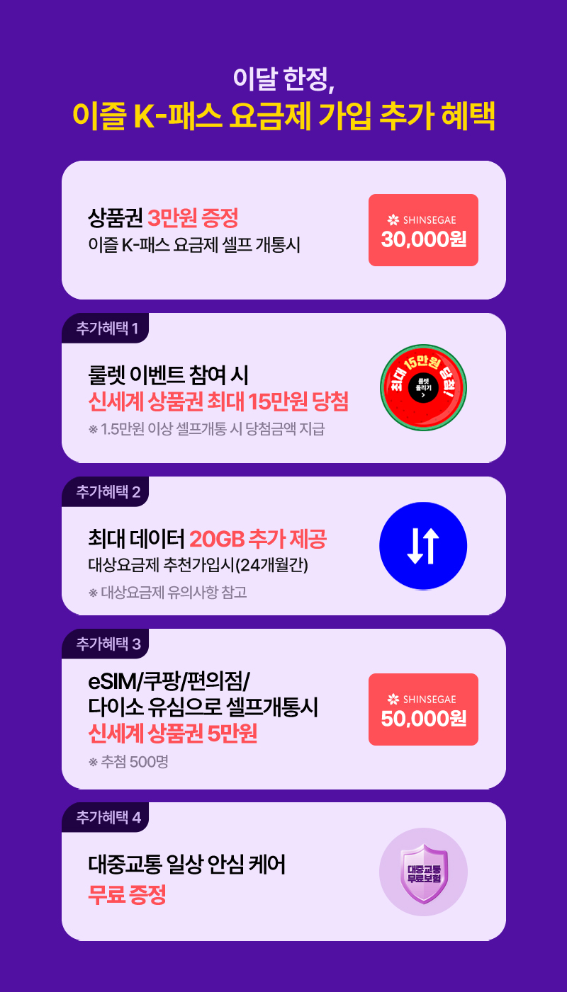 5월 한정! 이즐 K-패스 요금제 가입 고객 최대 14만원 혜택