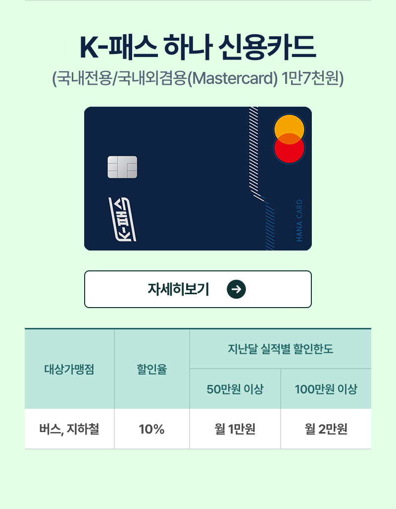 K-패스 하나 신용카드(국내전용/국내외겸용(Visa) 연회비 1먼 7천원)