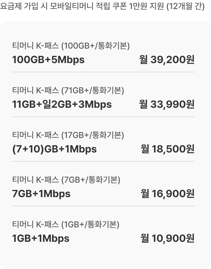 티머니 K-패스 요금제 라인업