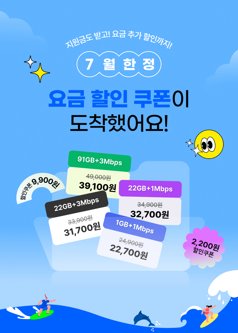 7월 한정 요금 할인 쿠폰이 도착했어요. 91GB 플러스 3Mbps, 39,100원, 기존 49,000원. 22GB 플러스 3Mbps, 32,700원, 기존 34,900원. 22GB 플러스 1Mbps, 31,700원, 기존 33,900원. 1GB 플러스 1Mbps, 22,700원, 기존 24,900원. 2,200원 할인 쿠폰.