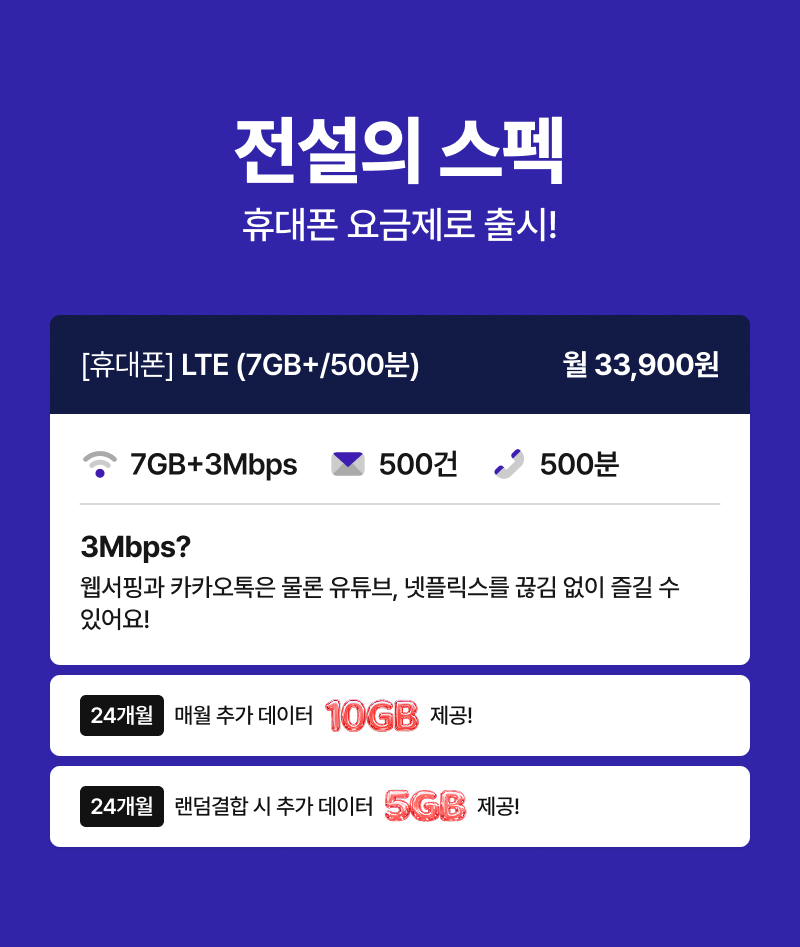 LTE 7GB+3Mbps 요금제, 월 33,900원, 데이터 7GB와 무제한 3Mbps 속도, 500분 통화 제공, 24개월 매월 추가 데이터 10GB 제공, 랜던결합 시 추가 데이터 5GB 제공 혜택