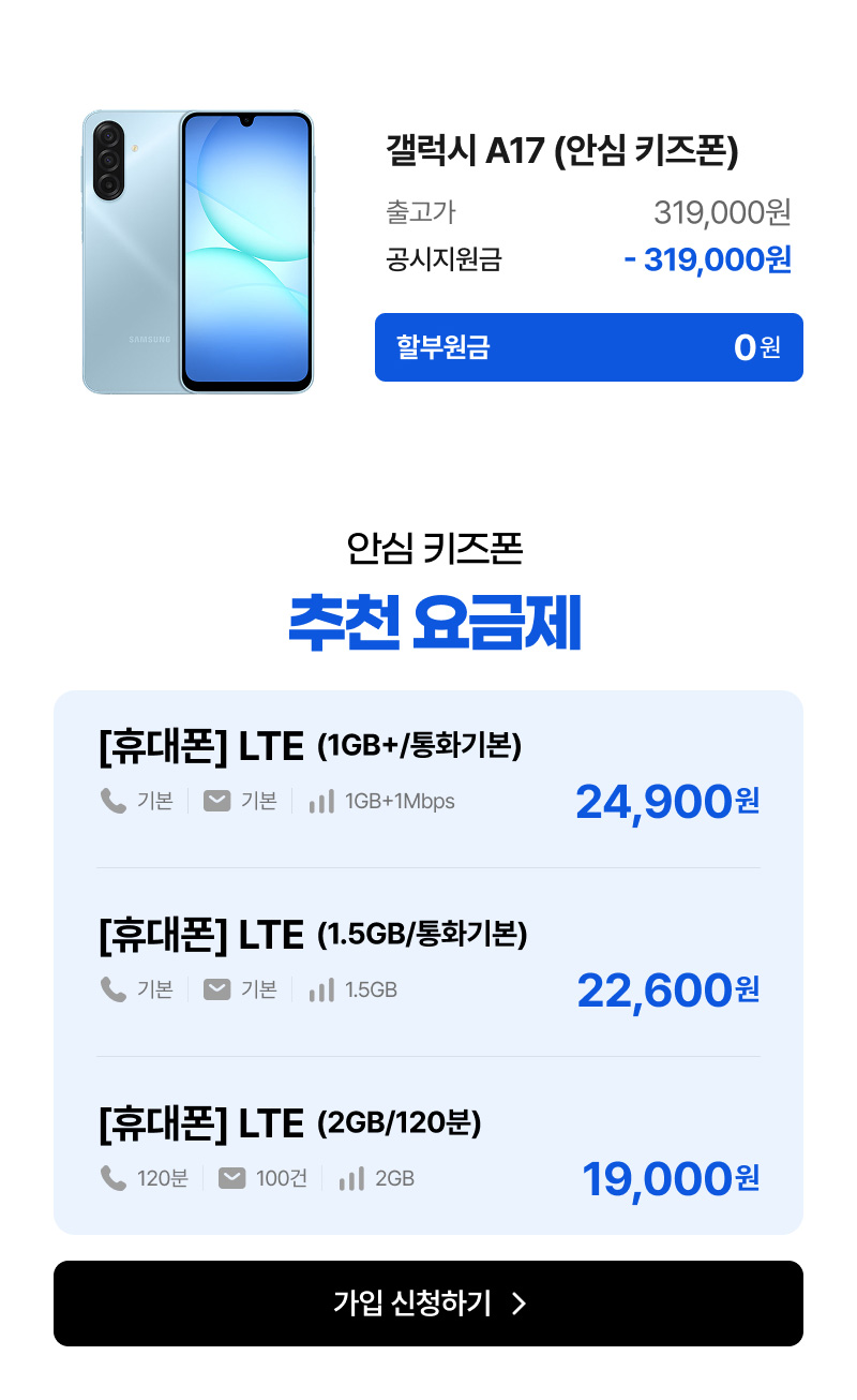갤럭시 A17 안심 키즈폰. 출고가 319,000원, 공시지원금 319,000원으로 할부원금 0원. 안심 키즈폰 추천 요금제: LTE 1GB+ 통화기본 월 24,900원, LTE 1.5GB 통화기본 월 22,600원, LTE 2GB 120분 월 19,000원. 가입 신청하기