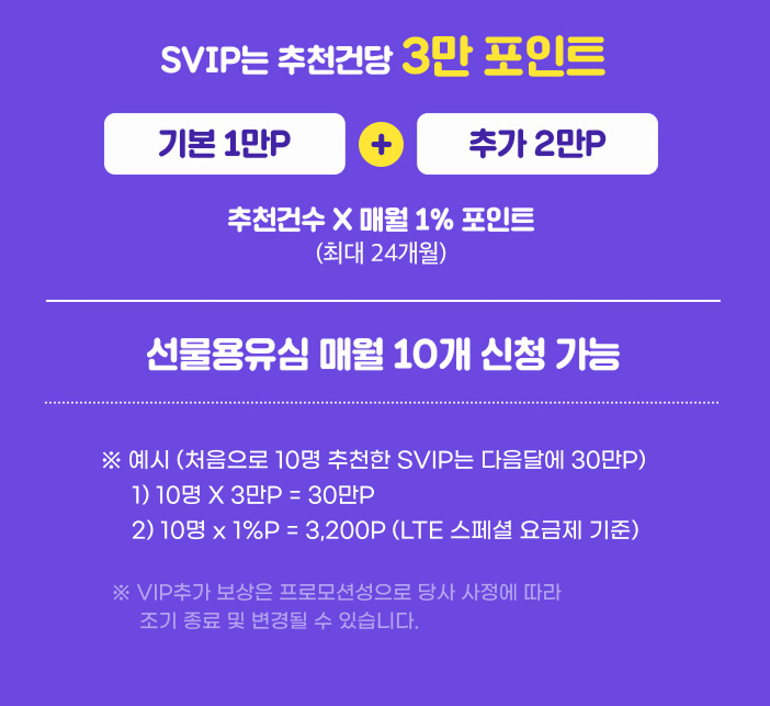 SVIP는 추천건당 3만 포인트(기본 1만P+추가 2만P) - 추천건수X매월 1% 포인트(최대 24개월), 선물용유심 매월 10개 신청 가능